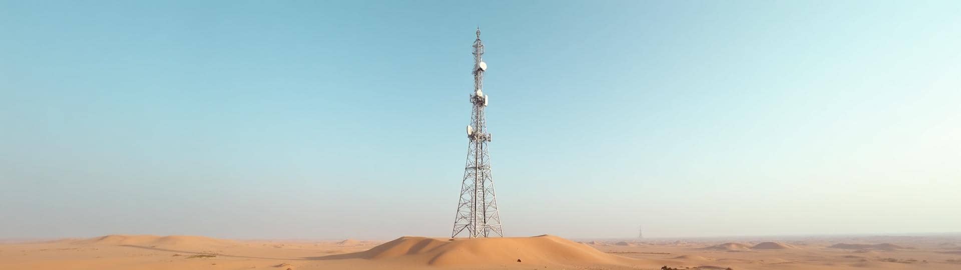 Telecom infrastructure towers across desert landscape with engineers