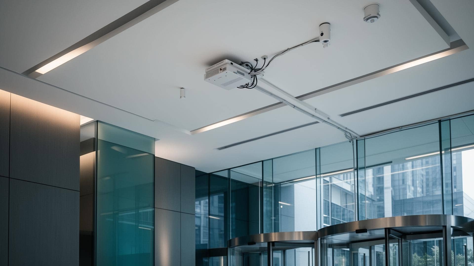 Multiple telecom towers across desert landscape with skyline