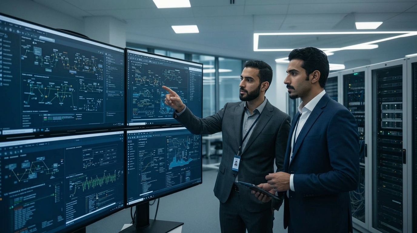 Engineers inspecting equipment cabinets at a tower site
