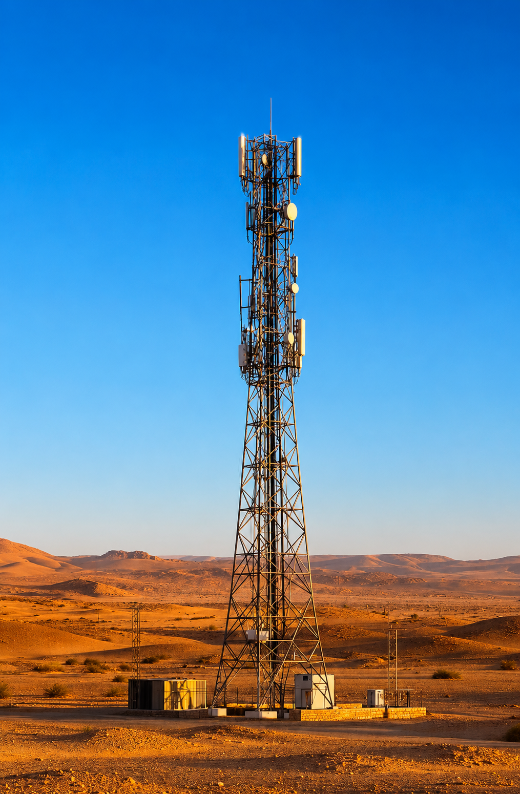 Telecom ground-based tower in desert landscape