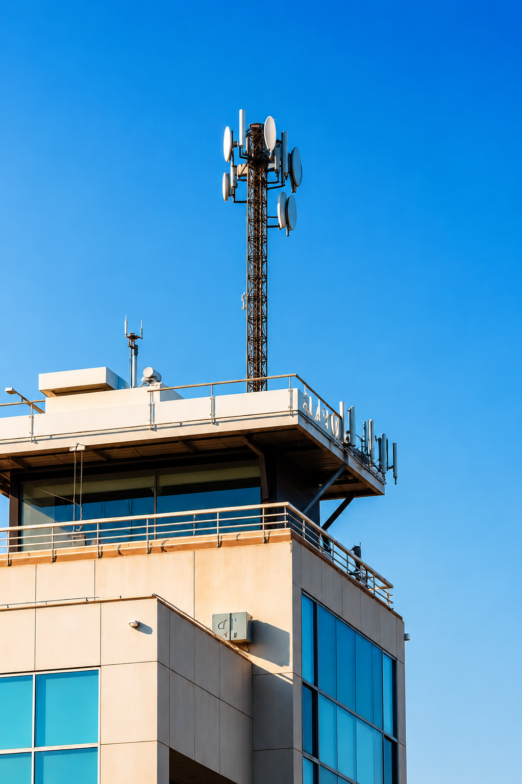 Rooftop telecom tower on commercial building